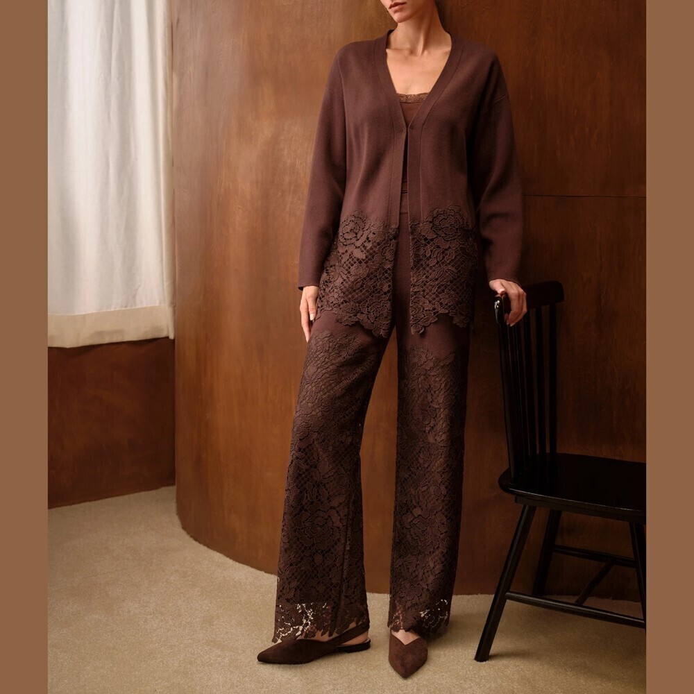 Brown Lace Trim Open Front Cardigan and Wide Leg Trousers Pants Set